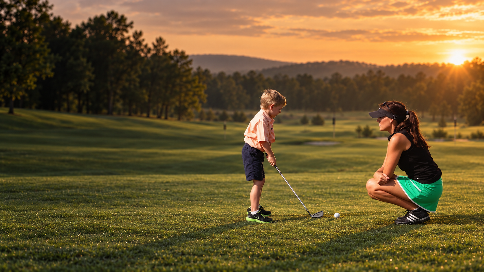 Shirley Walker-Yeager teaching a young golfer at golden hour